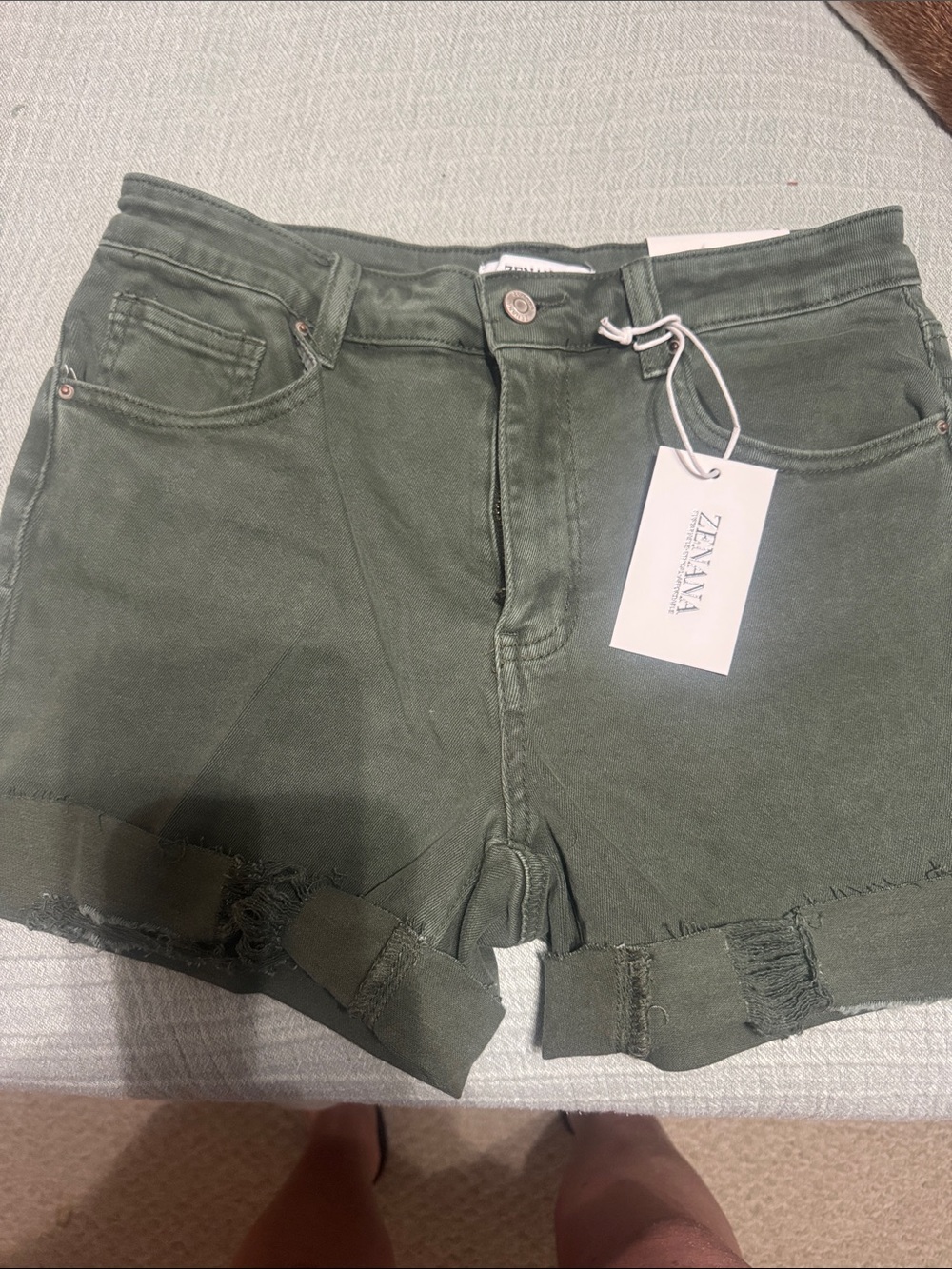 Zenana Outfitters Olive High-Rise Frayed Hem Denim Shorts